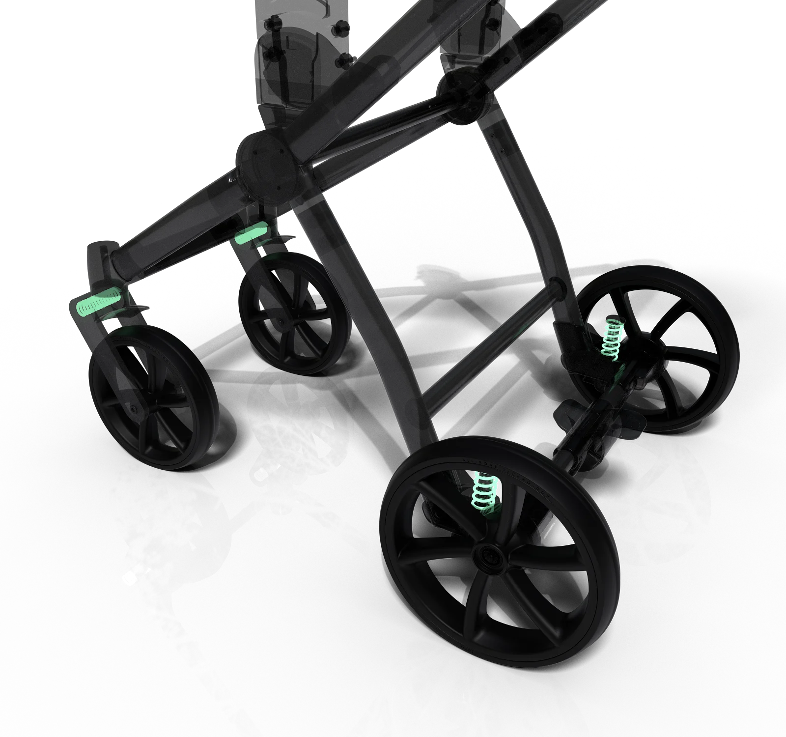 Render of a pram chassis showing the suspension points at the front fork and each wheel